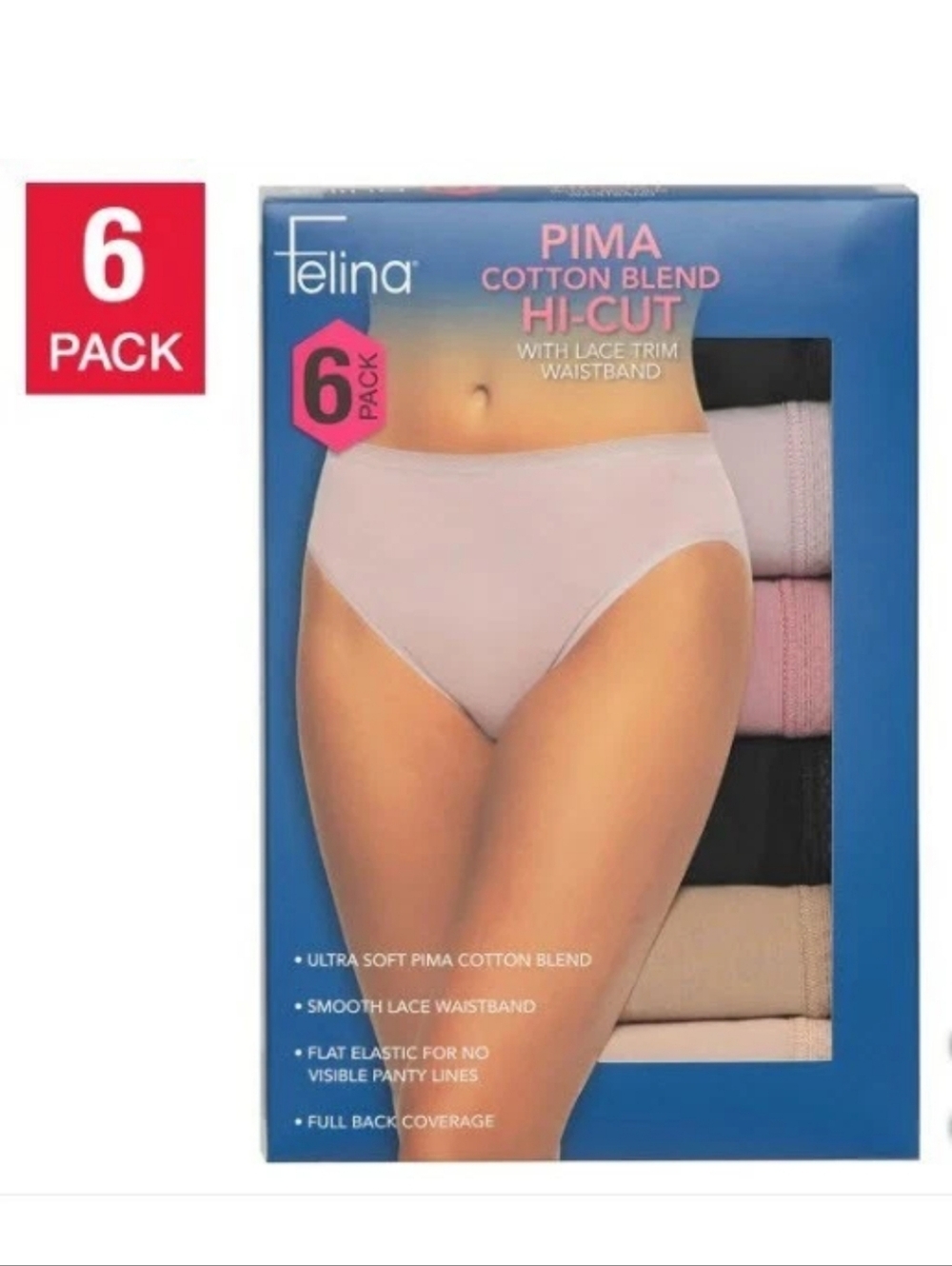 New Felina Pima Cotton Blend Hi-Cut Underwear Lace Trim Waistband 6 Pack Size M